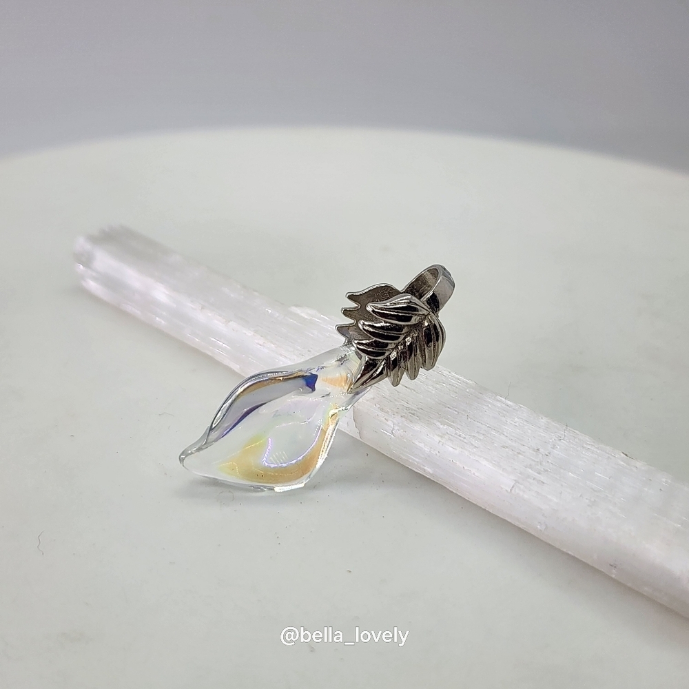 Dainty Carved Iridescent Ombre Titanium Crystal Morning Glory Calla Lily Pendant